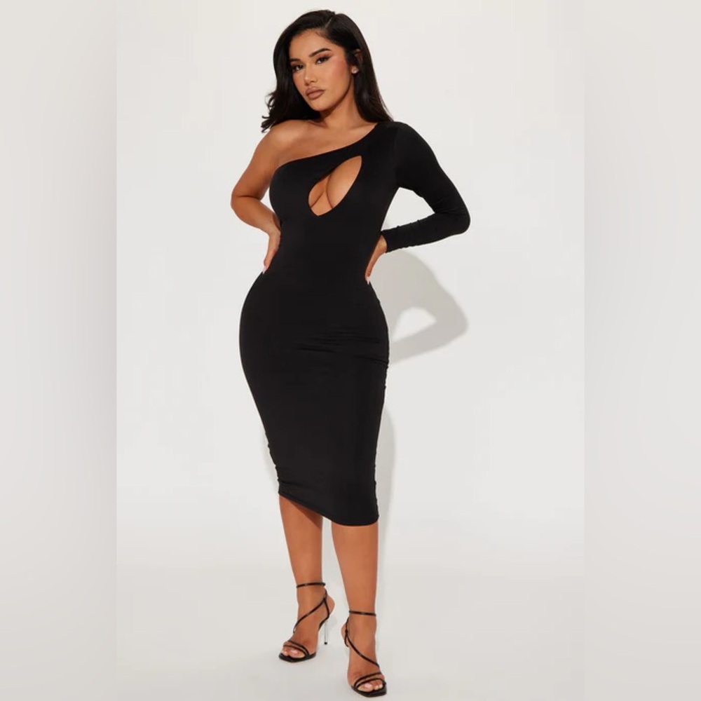 Fashion Nova Bellavista Midi Dress , Black One-Shoulder Cutout Dress